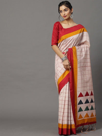 Apricot Checkered Blend Silk Saree With Unstitched Blouse