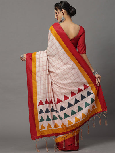 Apricot Checkered Blend Silk Saree With Unstitched Blouse