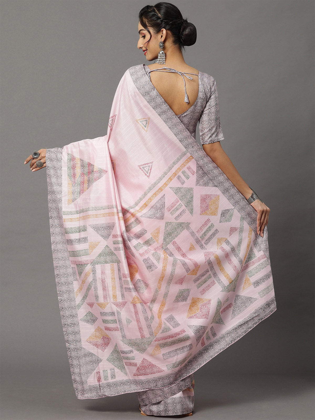 Pink Printed Blend Silk Saree With Unstitched Blouse