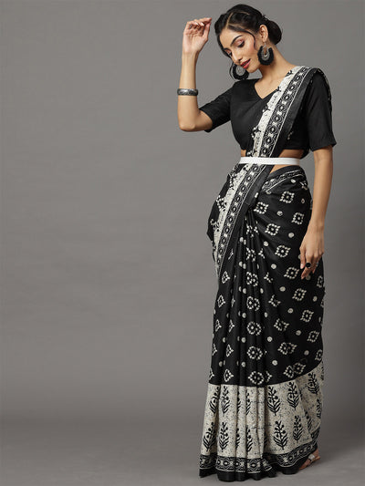 Black Printed Blend Silk Saree With Unstitched Blouse