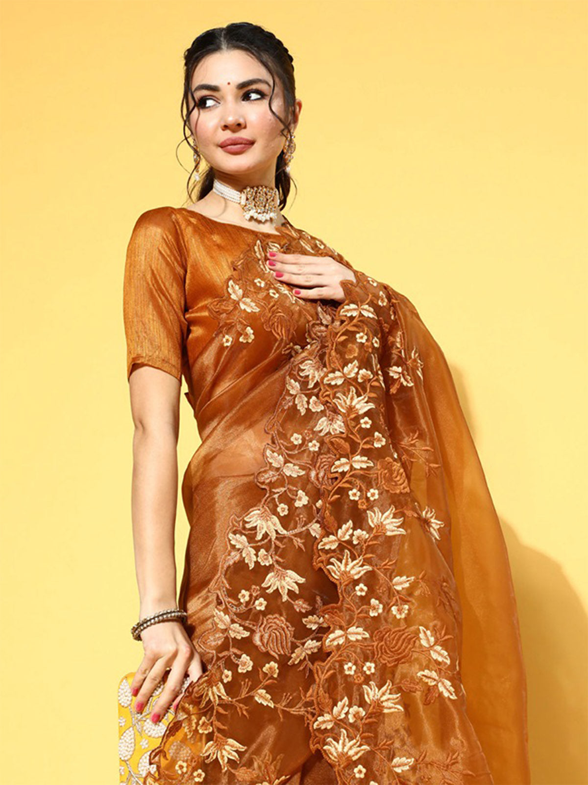Brown Embroidered Organza Saree With Unstitched Blouse