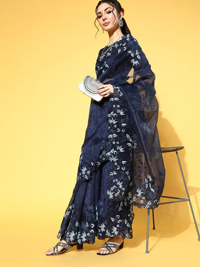 Dark Blue Embroidered Organza Saree With Unstitched Blouse