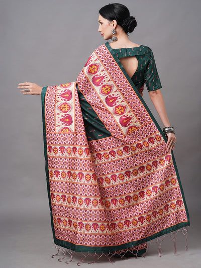 Teal Blend Silk Digital Printed Saree With Unstitched Blouse