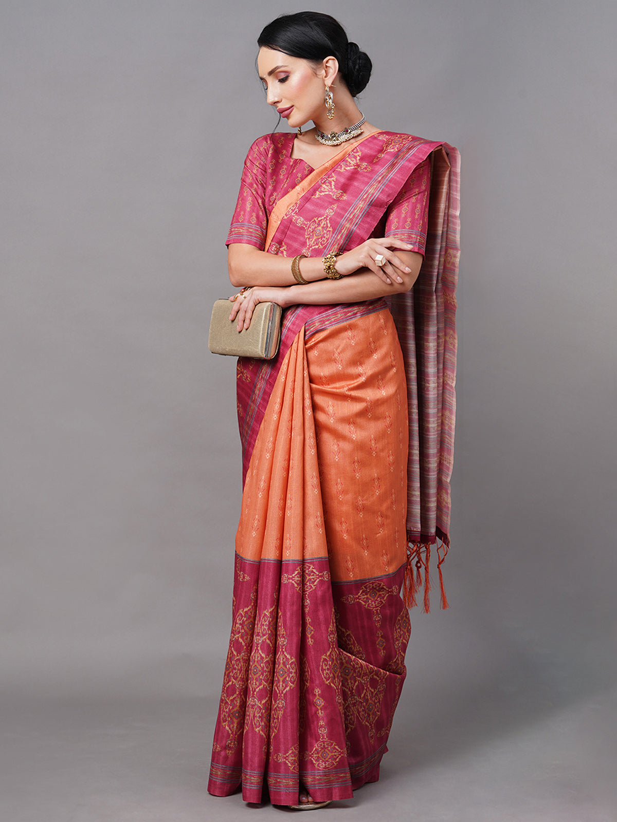 Orange Blend Silk Digital Printed Saree With Unstitched Blouse