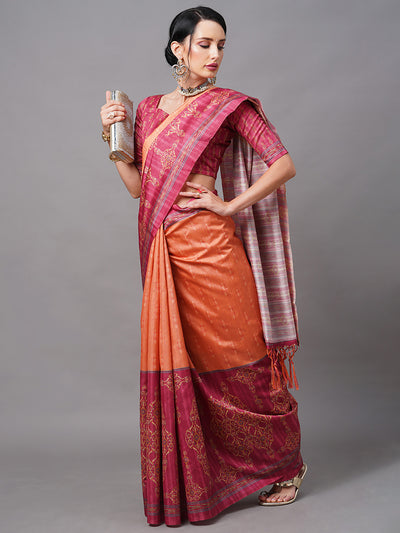 Orange Blend Silk Digital Printed Saree With Unstitched Blouse