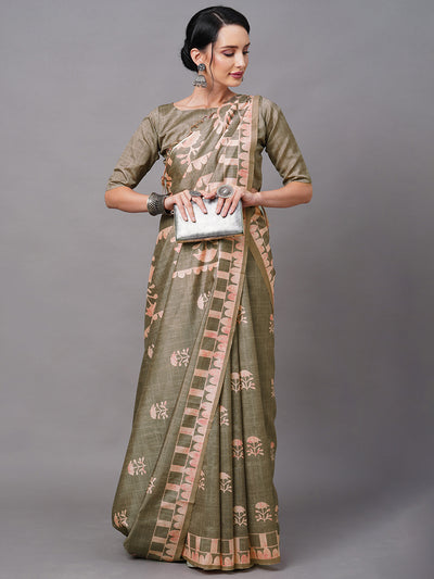 Olive Blend Silk Digital Printed Saree With Unstitched Blouse