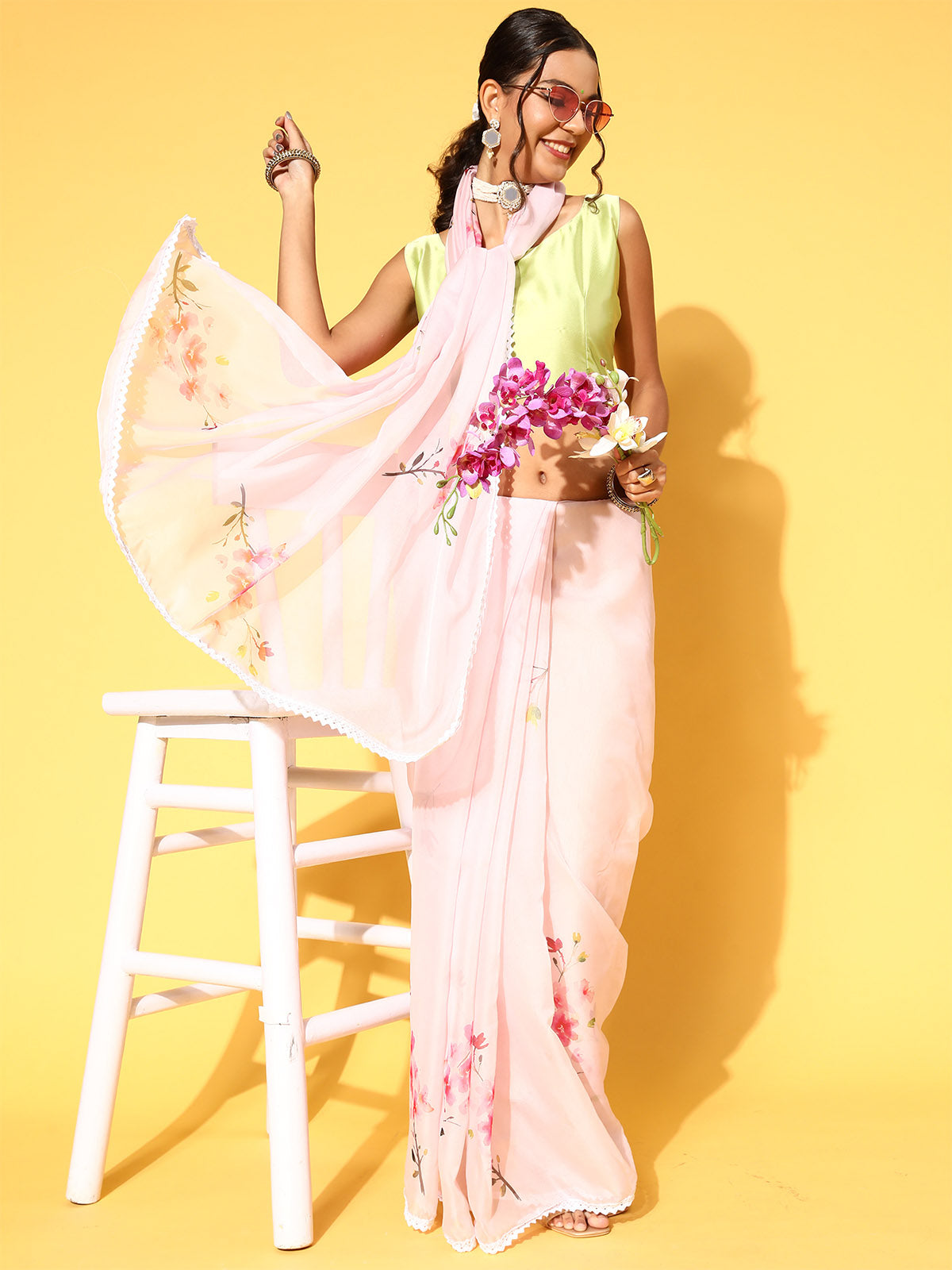 Pink Organza Floral Printed Saree With Unstitched Blouse