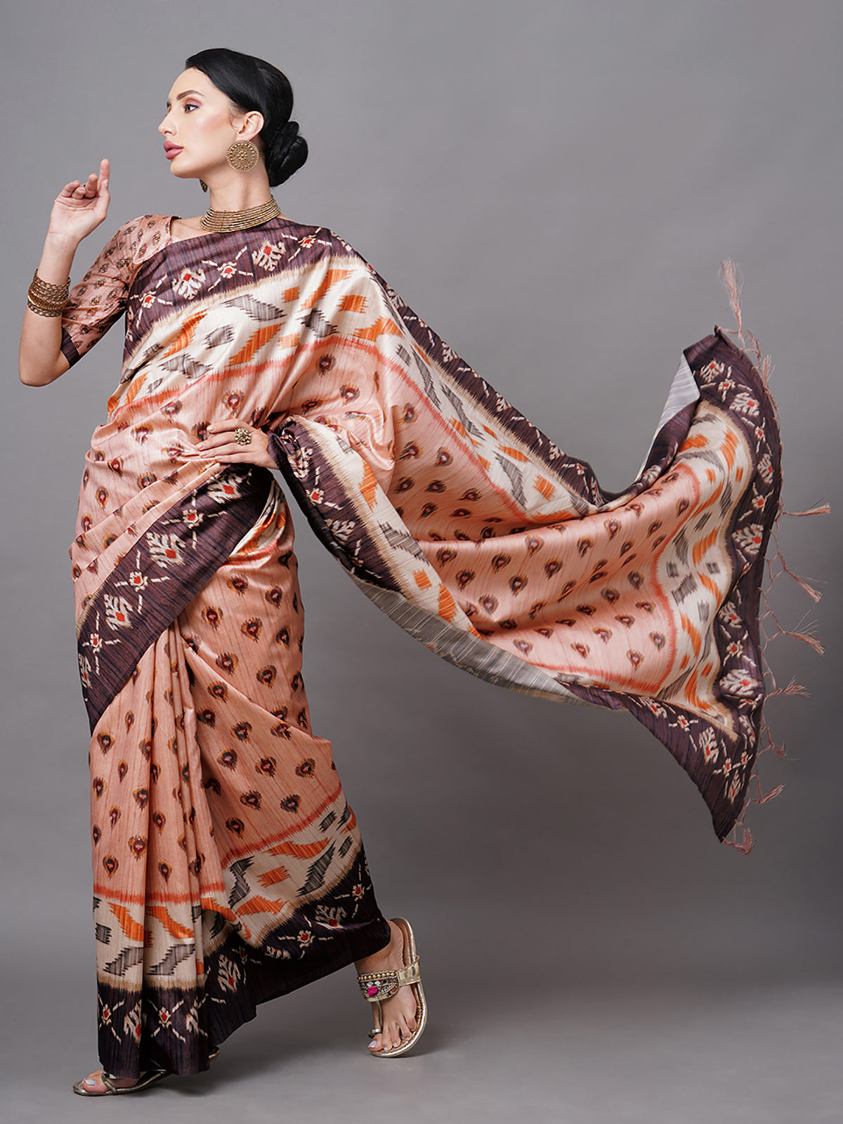 Odette Women Peach Blend Silk Digital Printed Saree With Unstitched Blouse