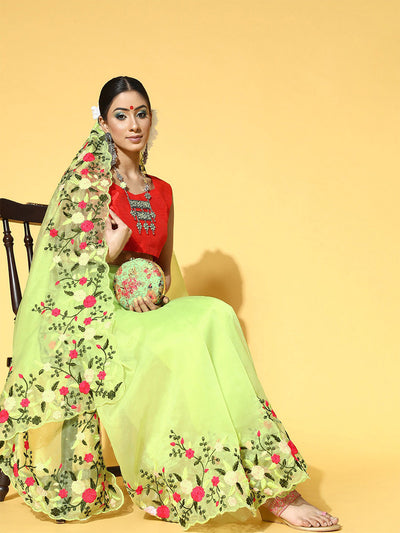 Lime Embroidered Organza Saree With Unstitched Blouse