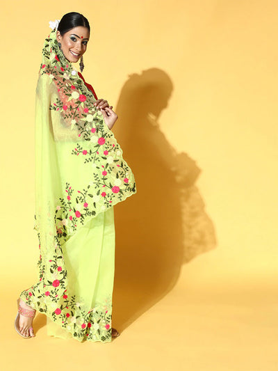 Lime Embroidered Organza Saree With Unstitched Blouse