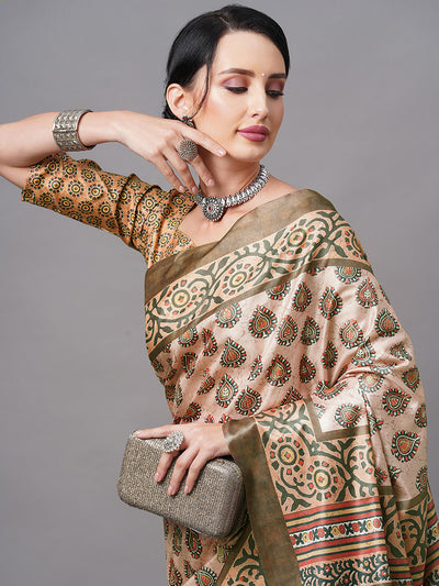Peach Blend Silk Digital Printed Saree With Unstitched Blouse