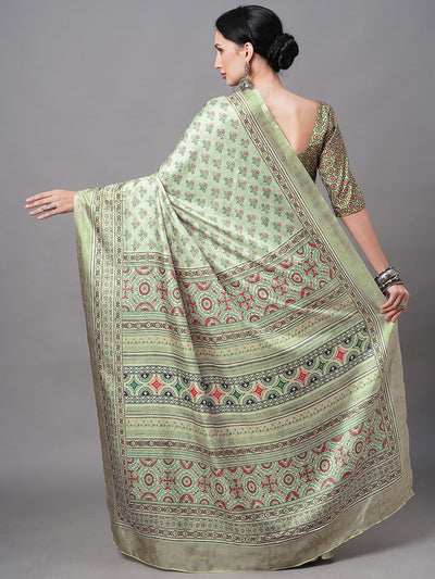 Green Blend Silk Digital Printed Saree With Unstitched Blouse