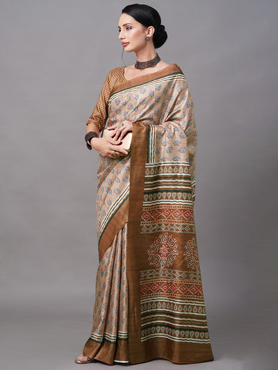 Brown Blend Silk Digital Printed Saree With Unstitched Blouse