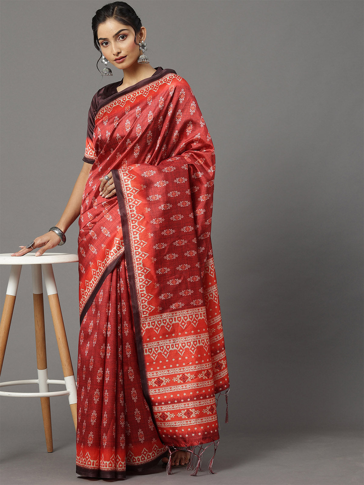 Maroon Printed Blend Silk Saree With Unstitched Blouse