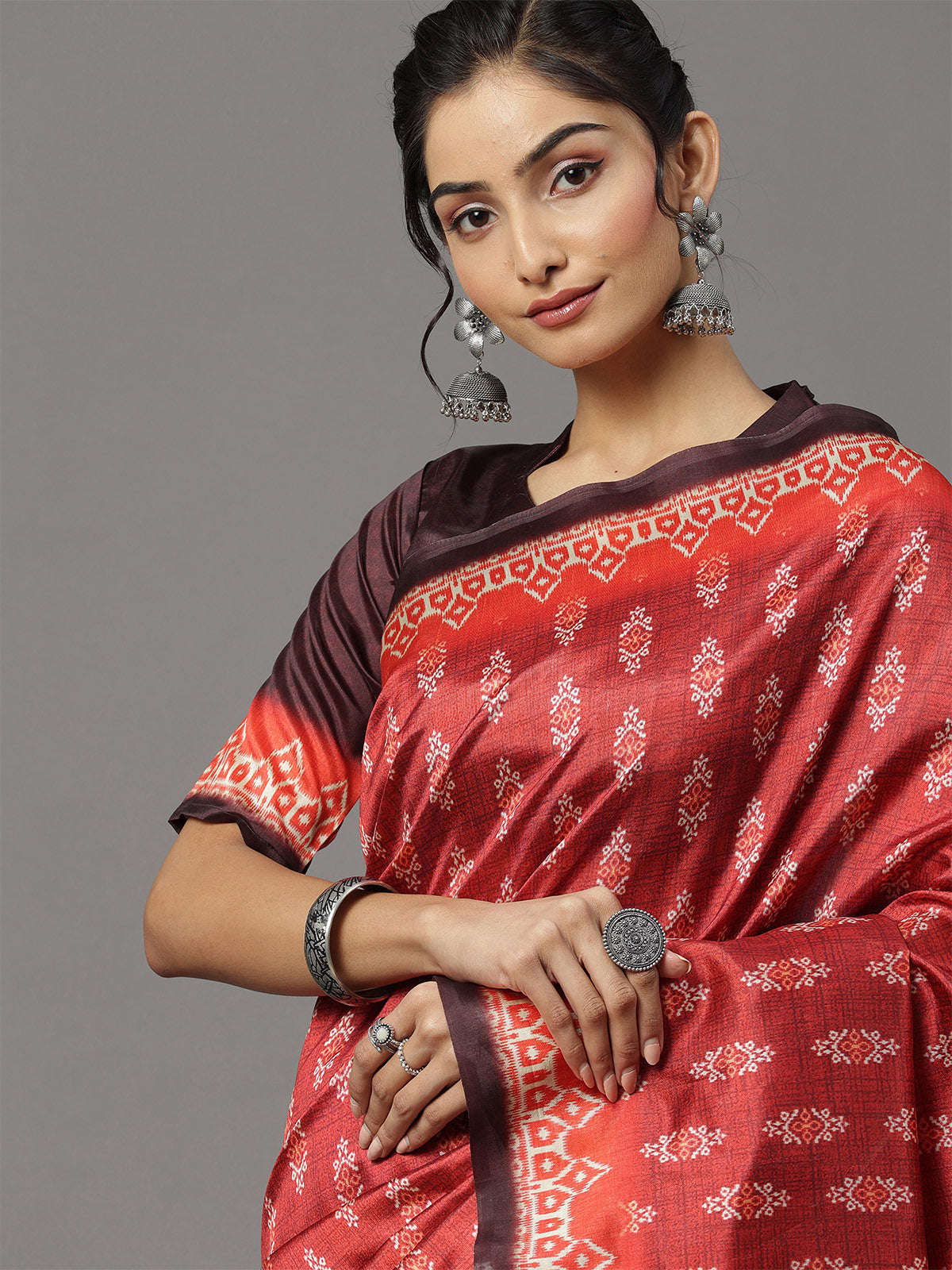 Maroon Printed Blend Silk Saree With Unstitched Blouse
