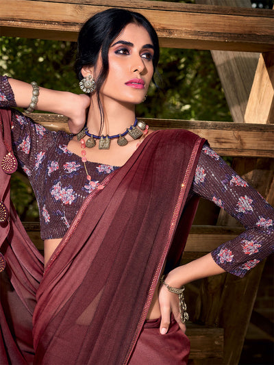 Women'S Chiffon Maroon Embellished Saree With Unstitched Blouse