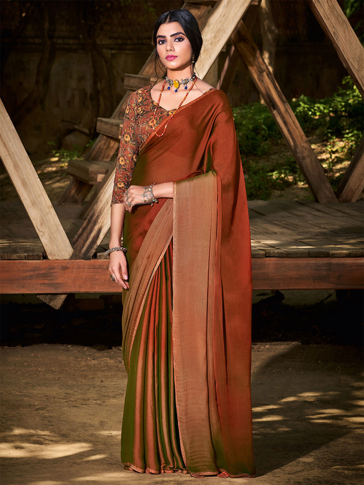 Odette Women Chiffon Brown Embellished Saree With Unstitched Blouse