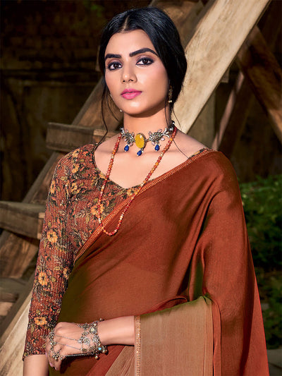 Odette Women Chiffon Brown Embellished Saree With Unstitched Blouse
