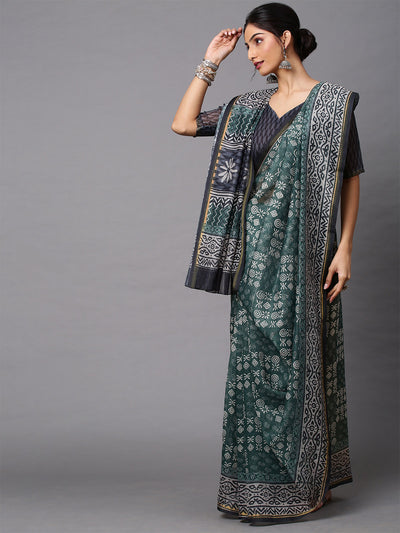 Teal Printed Linen Saree With Unstitched Blouse