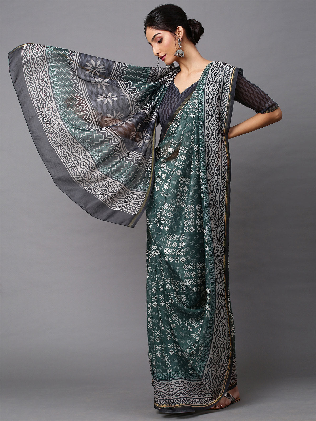 Teal Printed Linen Saree With Unstitched Blouse