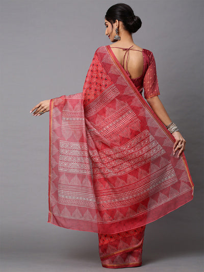 Red Orange Printed Linen Saree With Unstitched Blouse