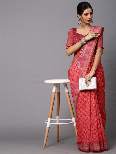 Red Orange Printed Linen Saree With Unstitched Blouse