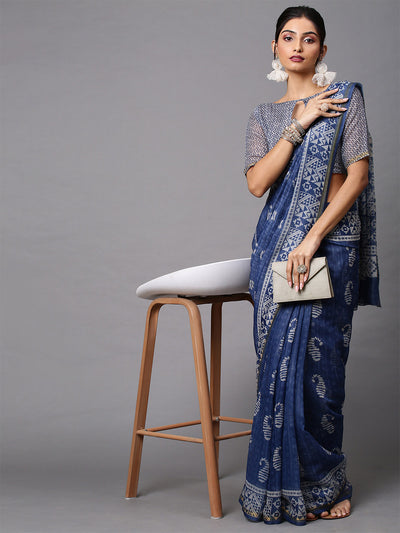Blue Printed Linen Saree With Unstitched Blouse