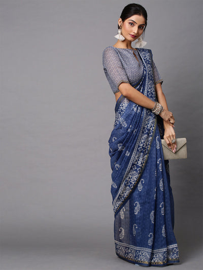 Blue Printed Linen Saree With Unstitched Blouse