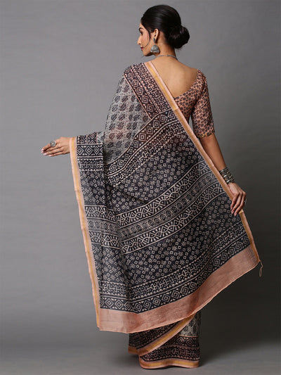 Grey Printed Linen Saree With Unstitched Blouse