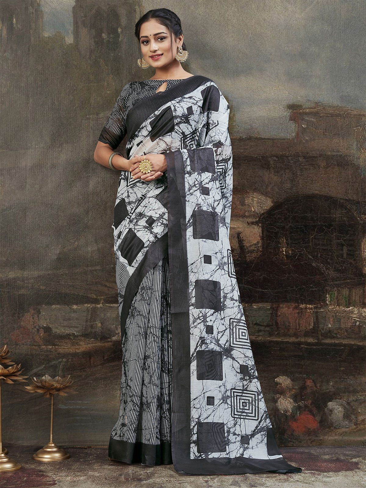 Odette Women Cotton Blend Black Printed Saree With Unstitched Blouse