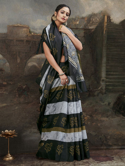 Women'S Cotton Blend Black Printed Saree With Unstitched Blouse