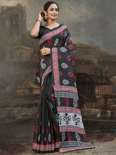 Women'S Cotton Blend Black Printed Saree With Unstitched Blouse