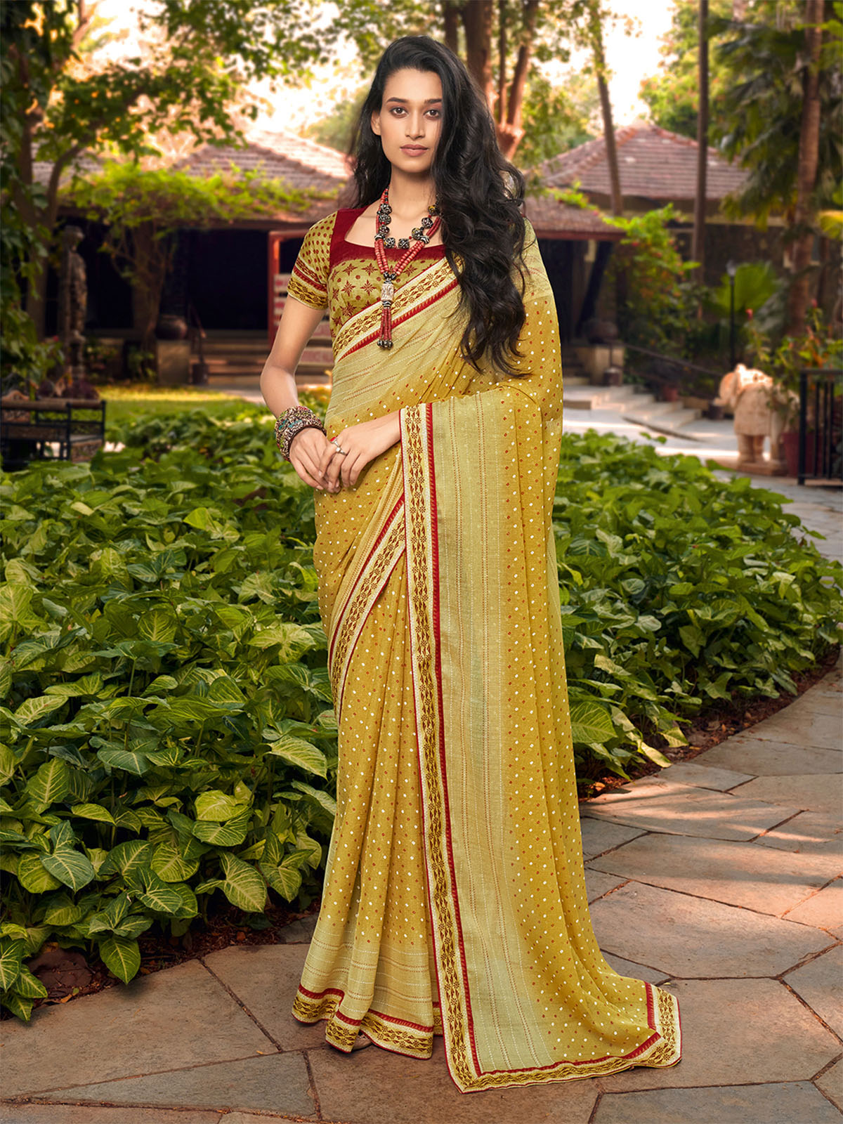 Women'S Chiffon Olive Printed Saree With Unstitched Blouse