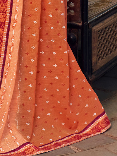 Women'S Chiffon Orange Printed Saree With Unstitched Blouse