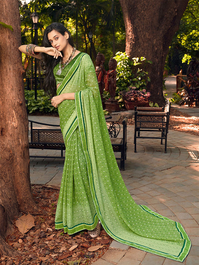 Odette Women Chiffon Green Printed Saree With Unstitched Blouse