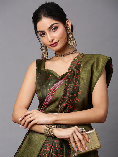 Olive Printed Linen Saree With Unstitched Blouse