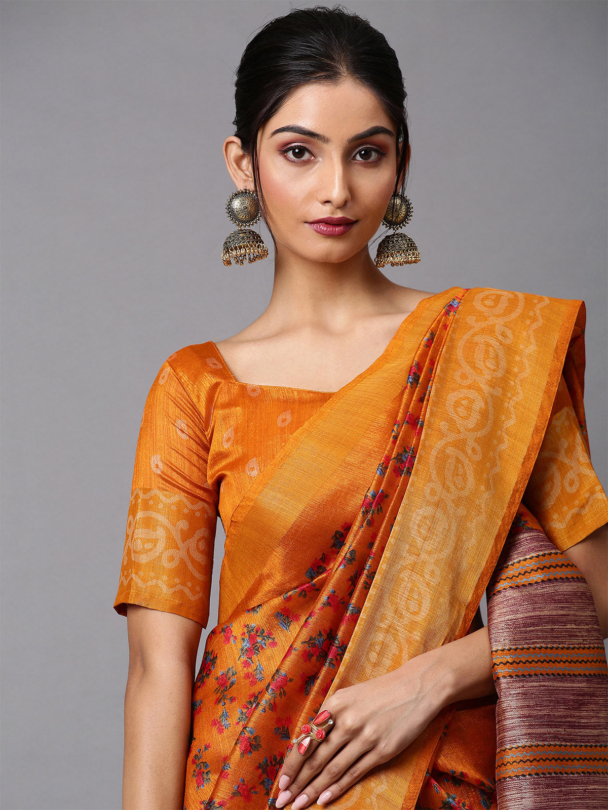 Mustard Printed Linen Saree With Unstitched Blouse