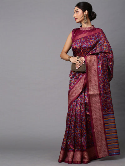 Magenta Printed Linen Saree With Unstitched Blouse