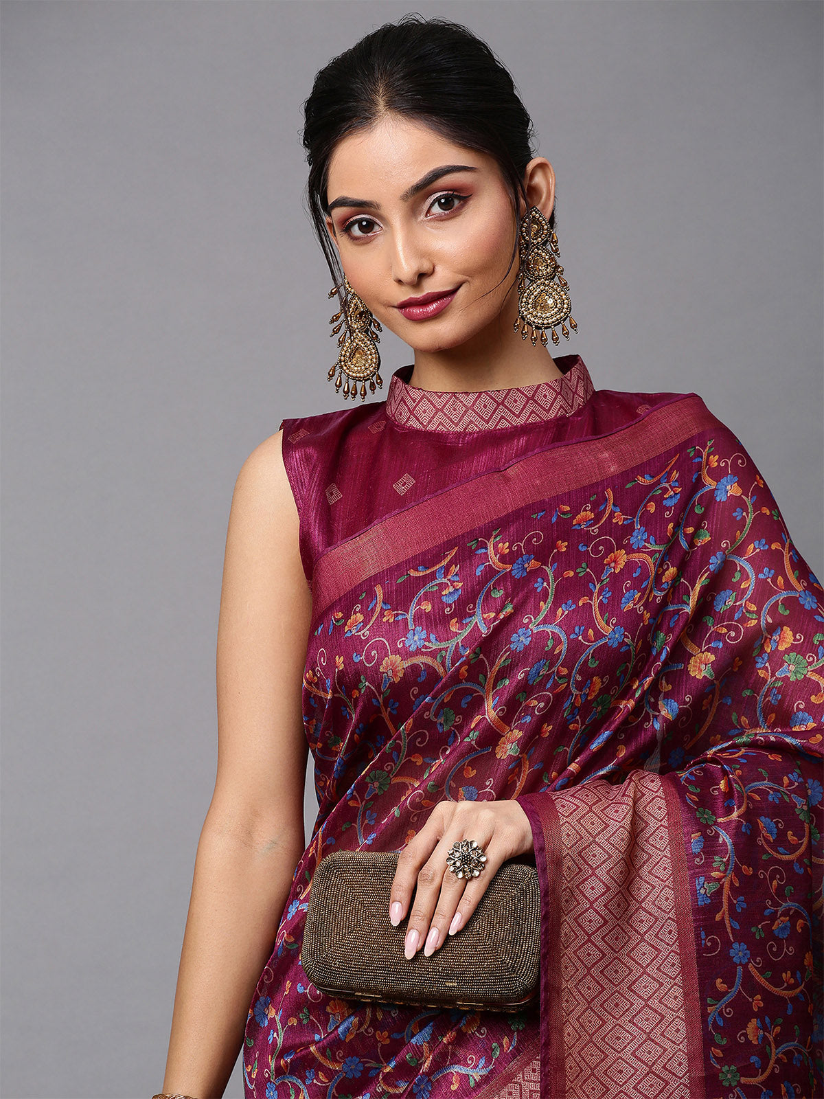 Magenta Printed Linen Saree With Unstitched Blouse