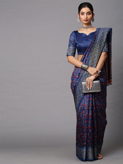 Dark Blue Printed Linen Saree With Unstitched Blouse