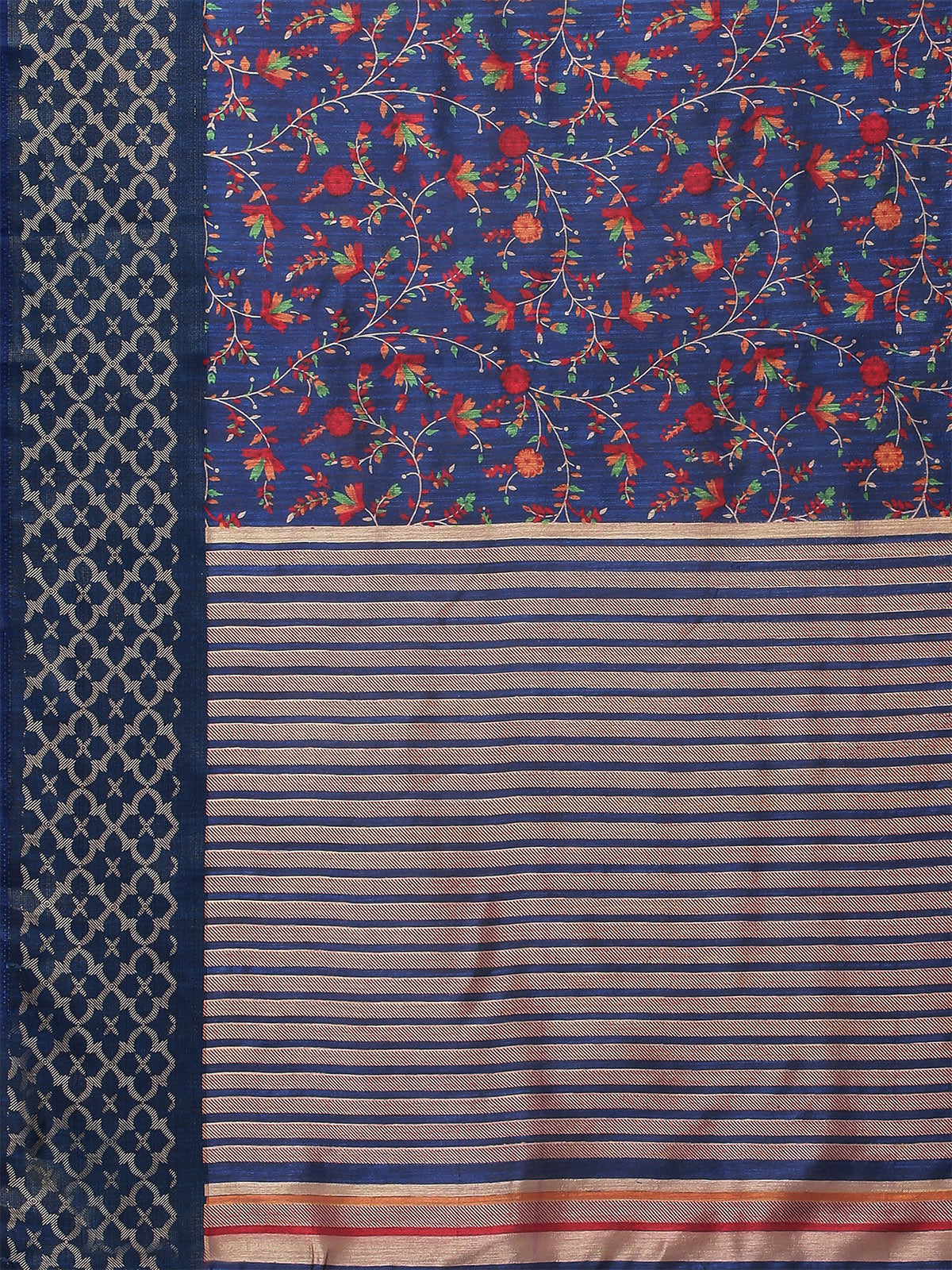 Dark Blue Printed Linen Saree With Unstitched Blouse