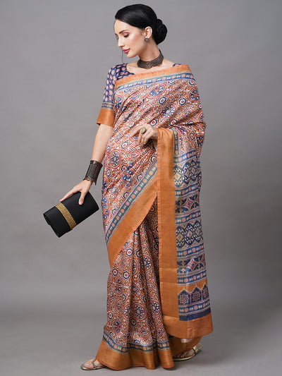 Orange Linen Digital Printed Saree With Unstitched Blouse