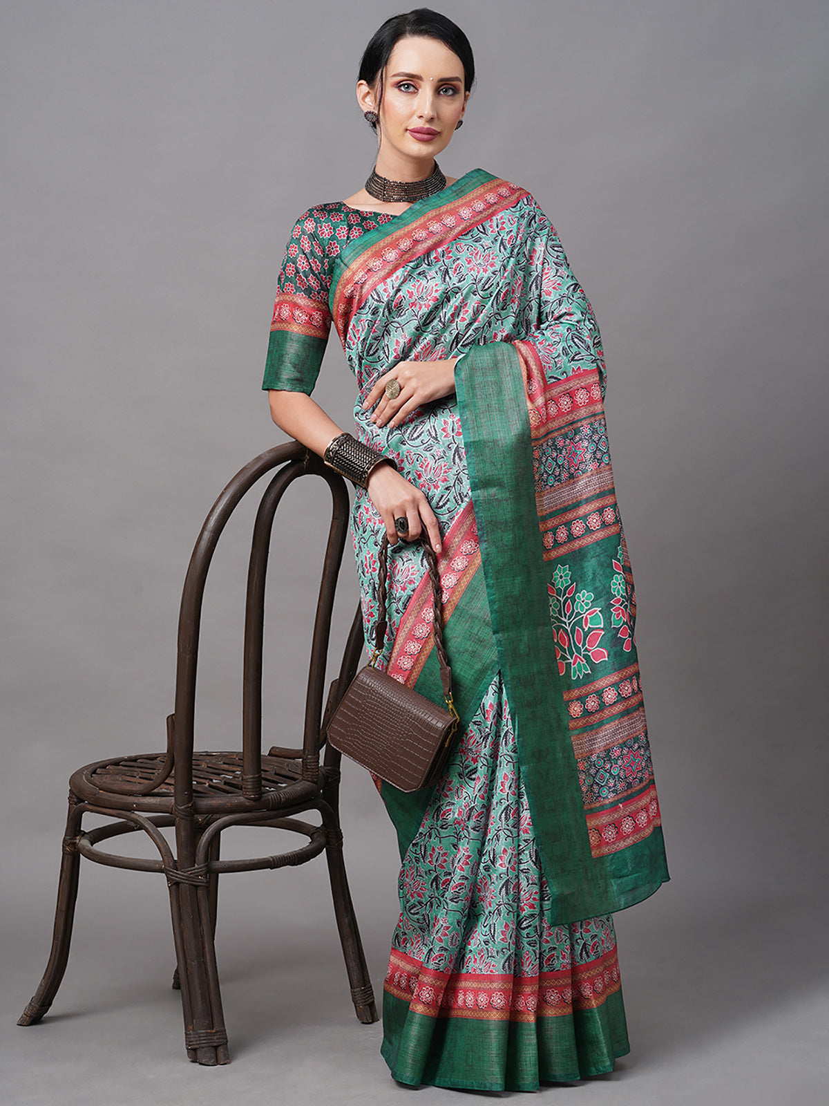 Green Linen Digital Printed Saree With Unstitched Blouse