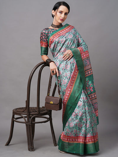 Green Linen Digital Printed Saree With Unstitched Blouse