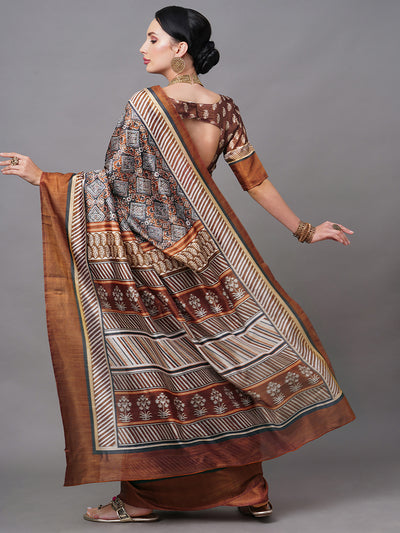 Brown Linen Digital Printed Saree With Unstitched Blouse