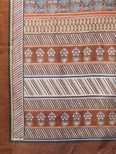 Brown Linen Digital Printed Saree With Unstitched Blouse