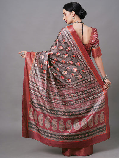 Red Linen Digital Printed Saree With Unstitched Blouse
