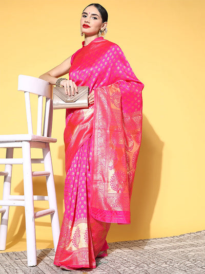 Odette Women Pink Blend Silk Woven Saree With Unstitched Blouse