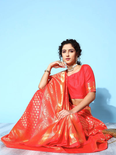 Red Blend Silk Woven Saree With Unstitched Blouse