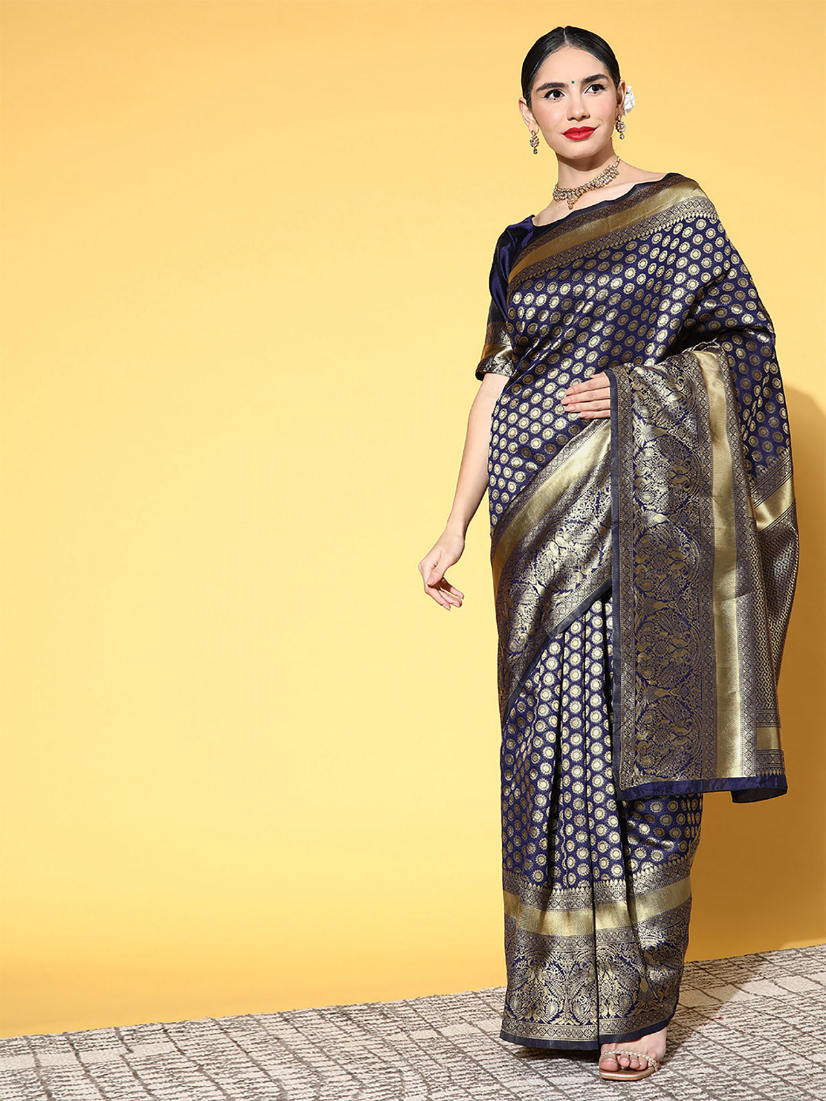 Navy Blue Silk Woven Saree With Unstitched Blouse